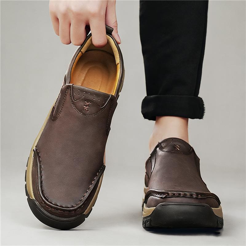 Retro New Black Brown Loafers Men's Thick-soled Outdoor Hiking Leather Casual Shoes Male Slip On Walking Footwears