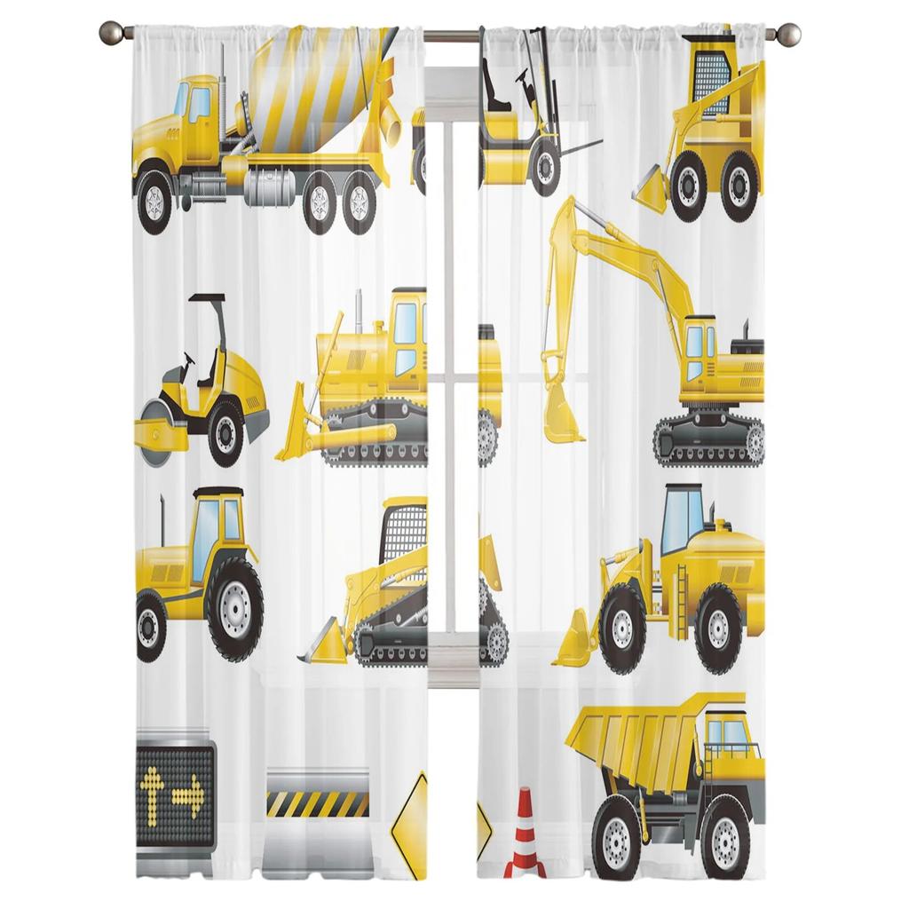 Excavator Car Vehicle Road Sign Sheer Curtain For Living Room Bedroom Kitchen Modern Tulle Window Treatment Home Decor