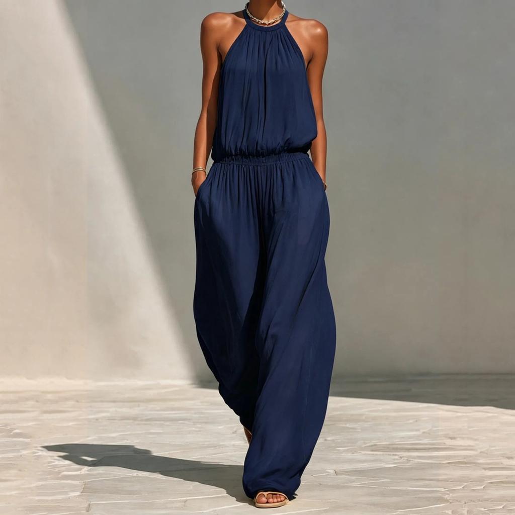 Women's Neck Loose Wide Leg Jumpsuit Vacation Beach Casual Romper for Summer