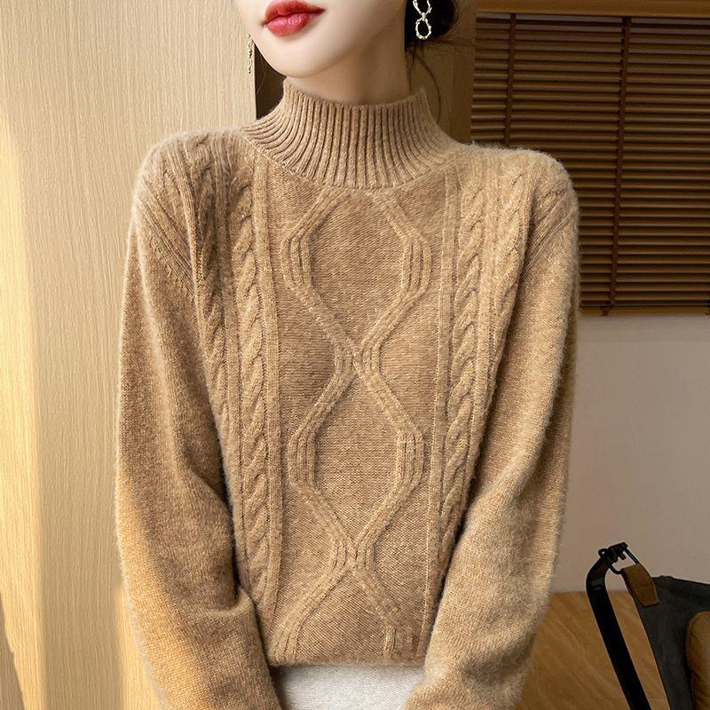 Women's Winter Thick Pure Wool Sweater - Half-Turtleneck High Neck Pullover, H-Silhouette Regular Fit with Flared Hem, Medium Stretch Long Sleeve