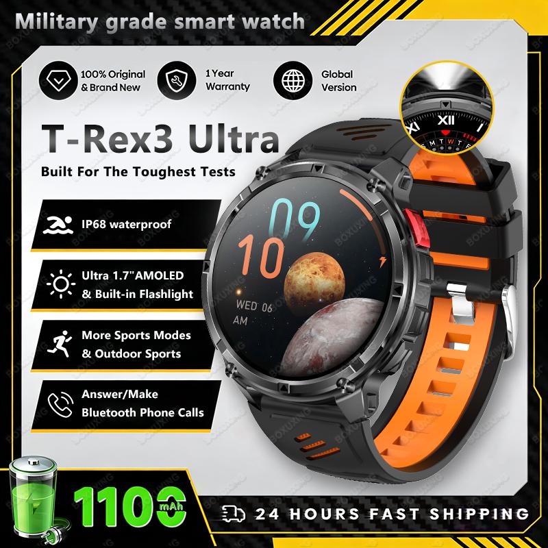 New T-Rex3 Ultra Men SmartWatch 1100mAh Battery Compass LED Flashlight Heart Rate Sports Track IP68 Waterproof Smartwatches