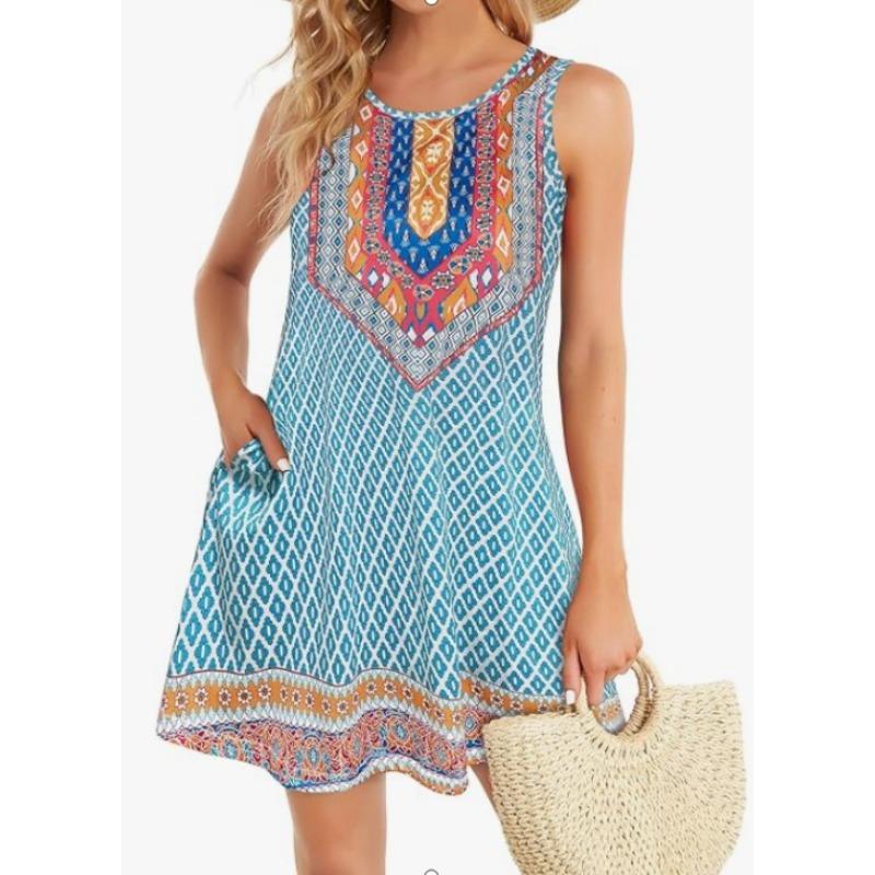 Sleeveless Dress Summer New Beach Hawaiian Print Loose Vest Skirt With Pockets