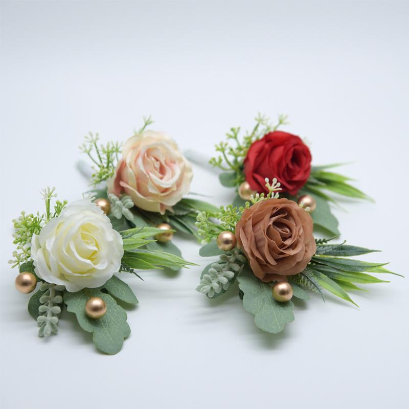 1pc Bride Groom Boutonniere Rose Corsage Artificial Wrist Flower Pin Brooch - Foto 6
