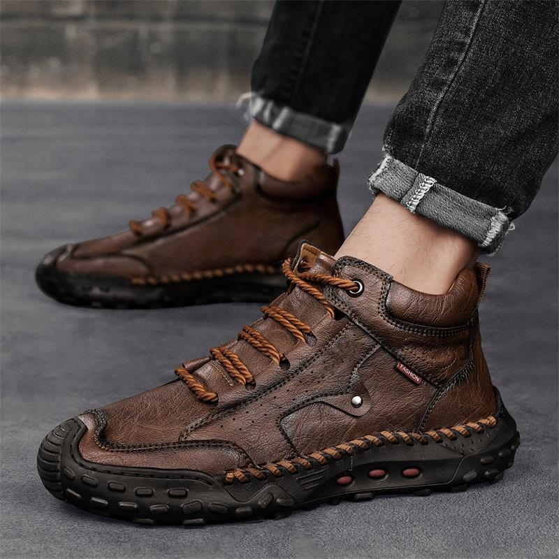 Men's High-top Casual Sneakers Handmade Leather Shoes Plus Size 39-48 Spring & Autumn
