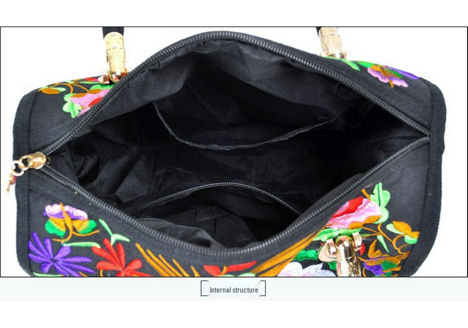 Ethnic Embroidered Drum-Shape Tote & Crossbody Canvas Bag