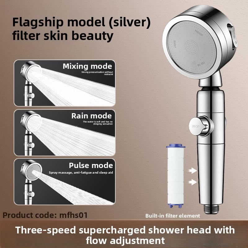 1 druckbeaufschlagter Filterduschkopf, mit drei einstellbaren Stufen superdruckbeaufschlagten Haushaltsduschkopfs und einem im Winkel verstellbaren Duschkopf