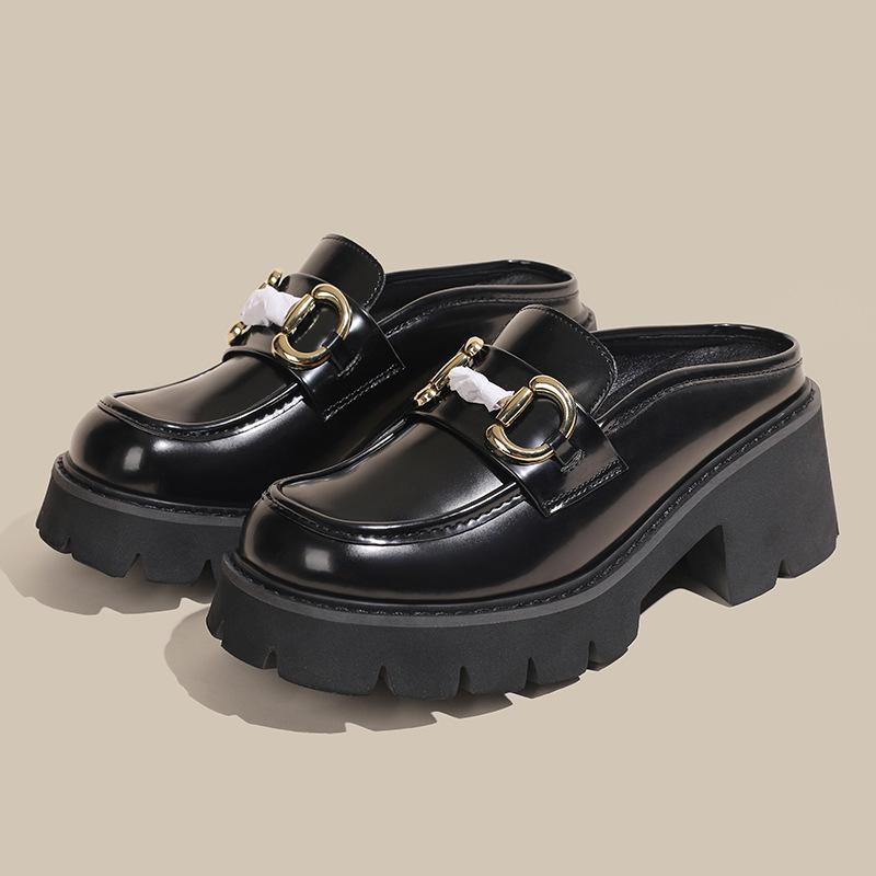 Horse buckle half slippers women wear summer fashion thick heel thick sole cool slippers bag head one pedal shoes