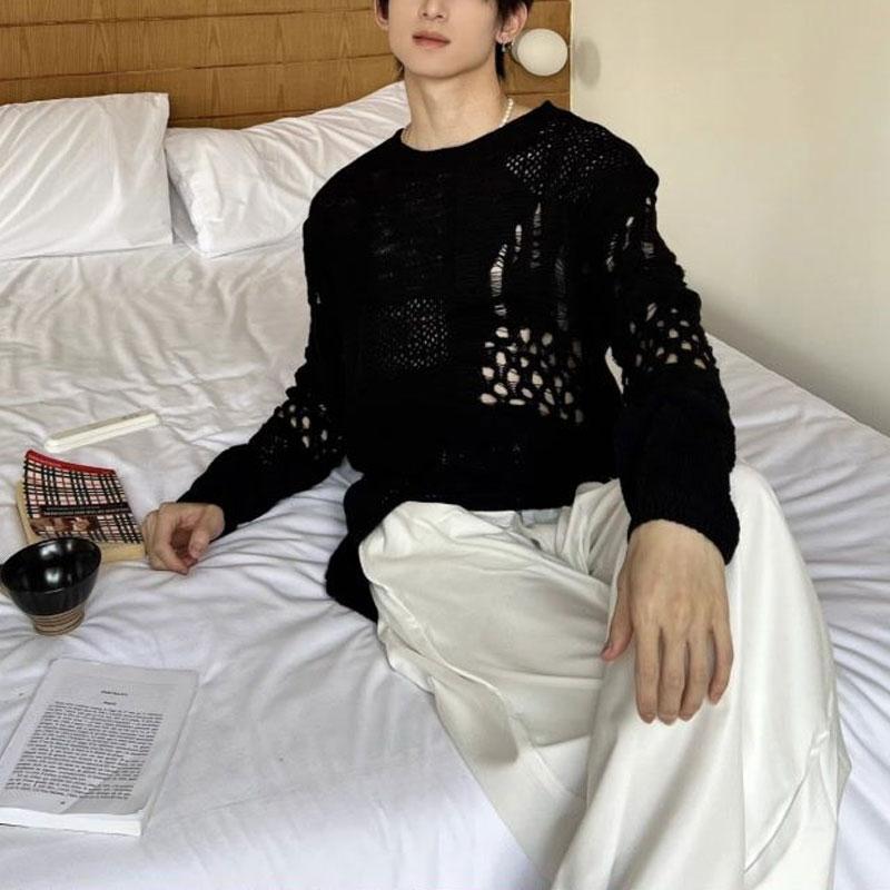 Japan Style Vintage Hole Irregular Sweaters Autumn Winter Stylish Hollow Out Men's Clothing Solid Color Casual Knitted Pullovers