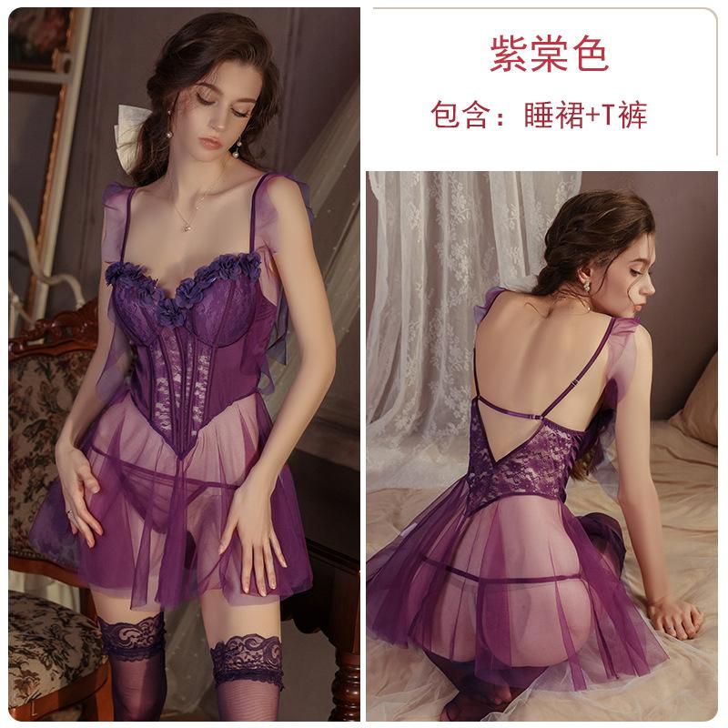 Sex Underwear Sexy Low Chest Plus Chest Pad Perspective Mesh Lace Corset Backless Nightdress Set A