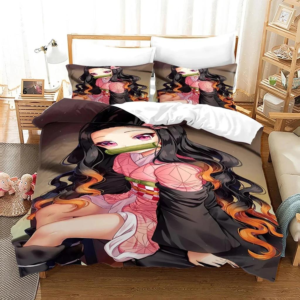 Anime Demon Slayer Nezuko Bedding Set Duvet Cover Bed Set Quilt Cover Pillowcase Comforter King Queen Size Boys Adult