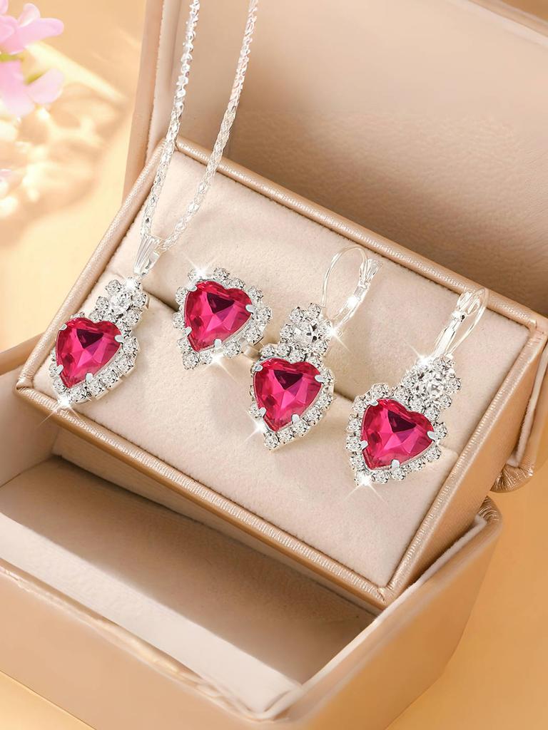 4 st Zirkon Set för Kvinnor, Mode Casual Dam Armband med Hjärtdesign, Halsband, Örhängen, Zirkon Set, Lämpligt för Dagligt Bruk,