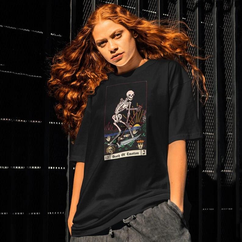 Death Skeleton Tarot Card T Shirt Gothic Aesthetic Graphic Tee for Men Women S