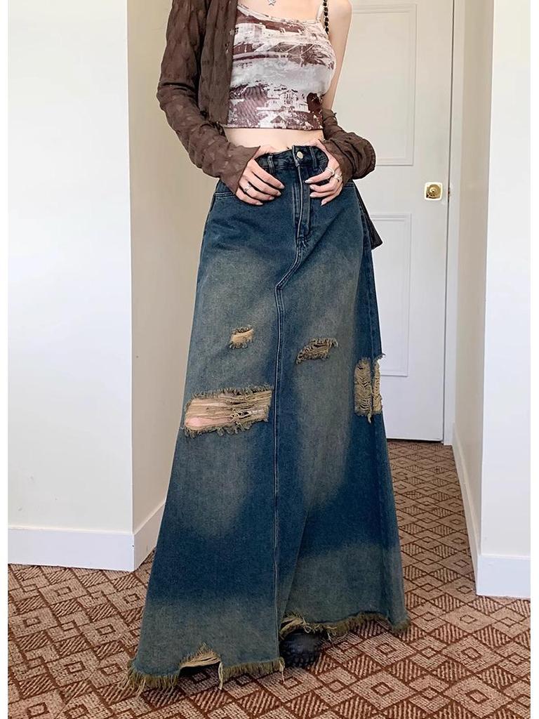 American Retro Plus Size Ripped Denim Midi Skirt for Women - High Waist, Slimming, Niche Design