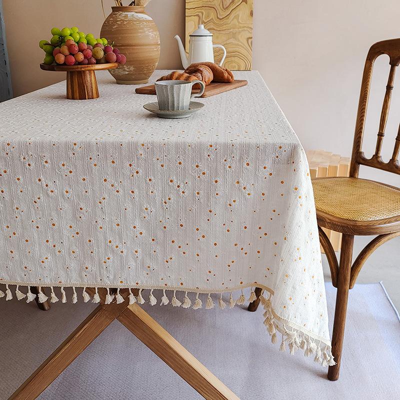 1PC Rural Floral Daisy Lace Tassels Cotton Rectangle Table Cover for Tea Table Decorations Kitchen Living Room Wedding Party Use