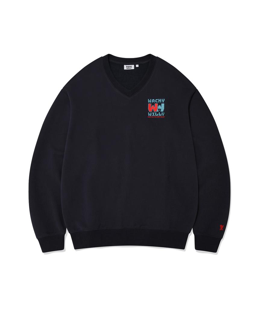 WACKY WILLY Color Logo V-Neck Sweatshirt Navy
