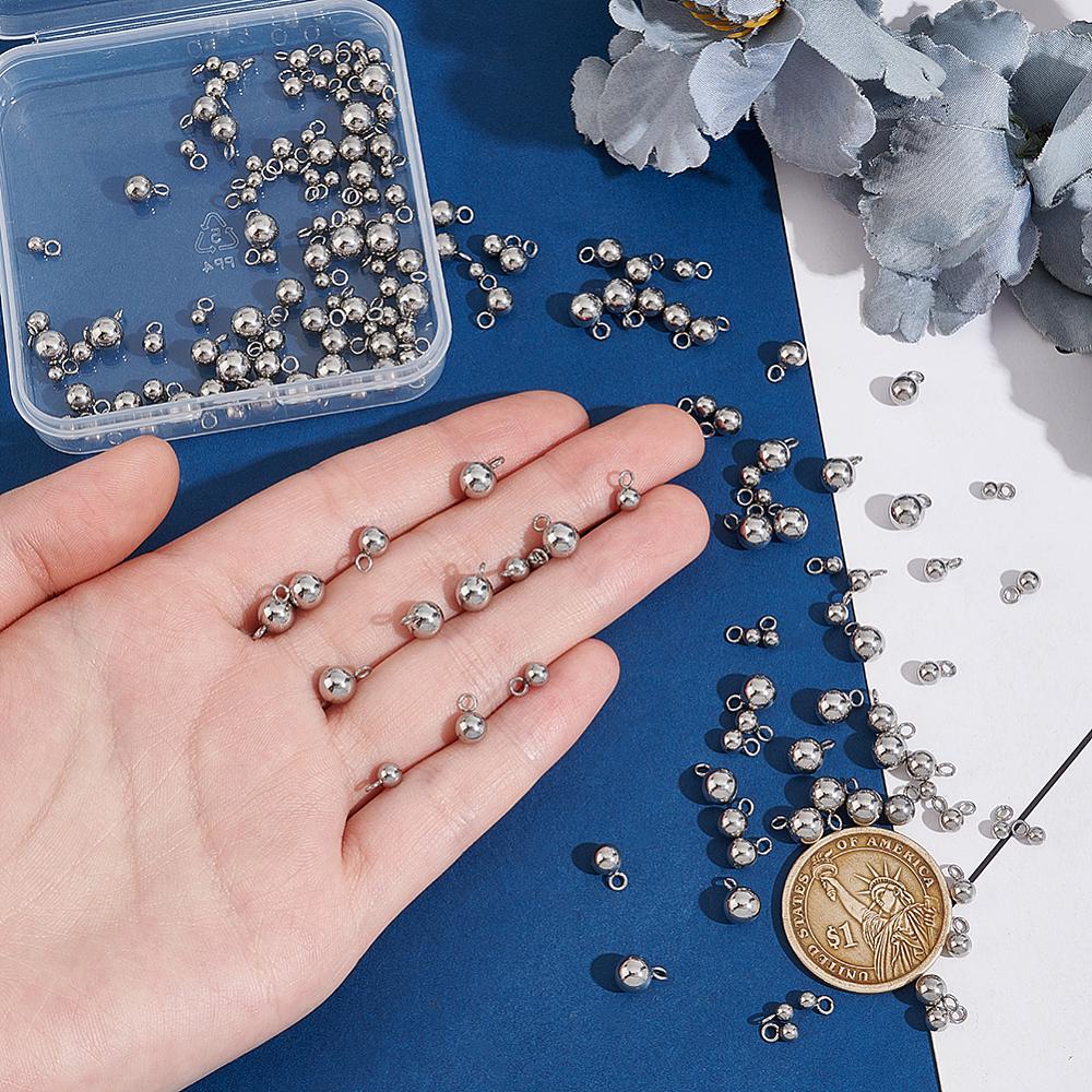 160Pcs 4 Styles 304 Stainless Steel Charms, Ball Charm, Stainless Steel Color, 6~9x3~6mm, Hole: 1.6~1.8mm, 40pcs/style