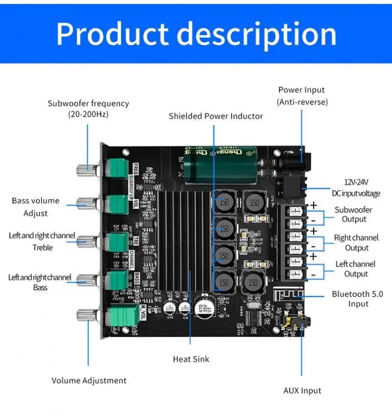 Bluetooth 5.0 Power Amplifier ZK-TB21 Amplifier ZK-MT21 Circuit Board 50W×2+100W Power 2.1 Channel Stereo Subwoofer Module