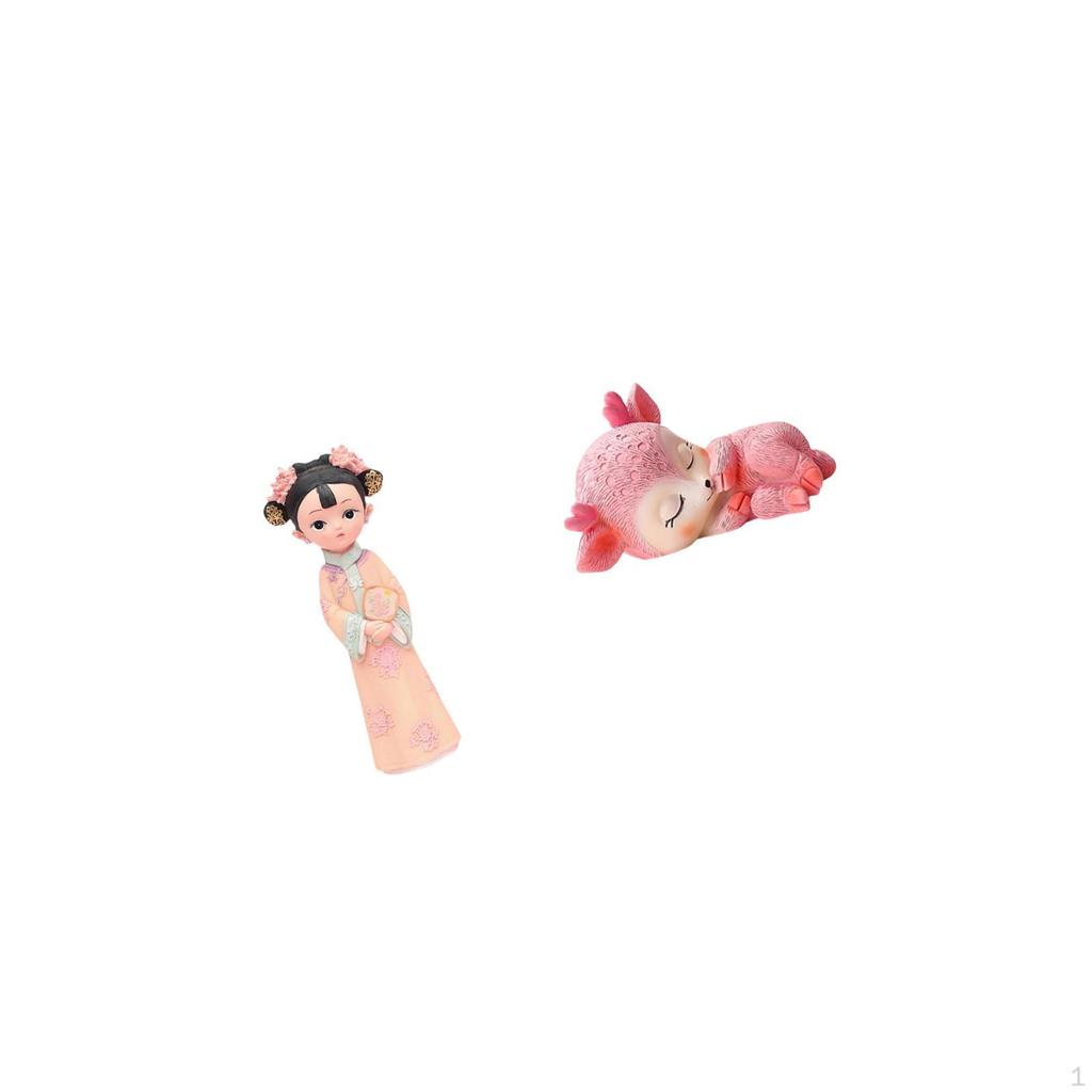 Traditional Chinese Girl Resin Statue Sculpture And Cute Sleeping Deer Figurine Miniature Desktop