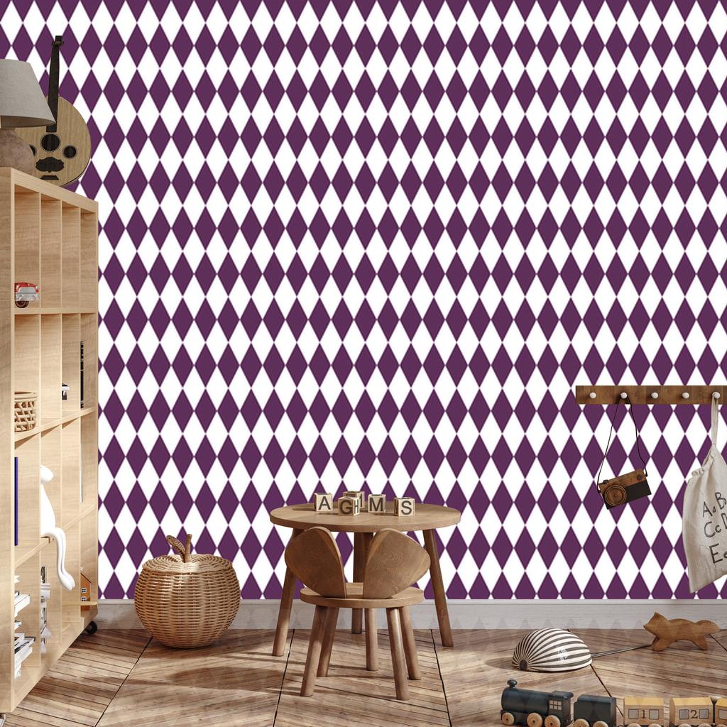 Harlequin Diamonds Wallpaper Light Gray, White, and Plum 50x1000
