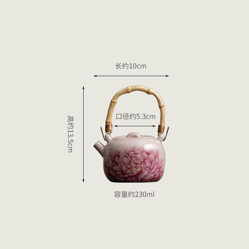 Creative Ceramic Teapot for Brewing Tea Pink Peony with Bamboo Handle Portable Kung Fu Tea Set and Office Ceramic Kettle Gifts