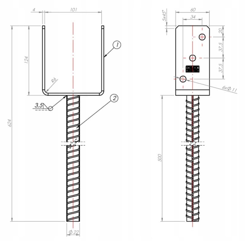 Post base, galvanized anchor, 101x624x124mm