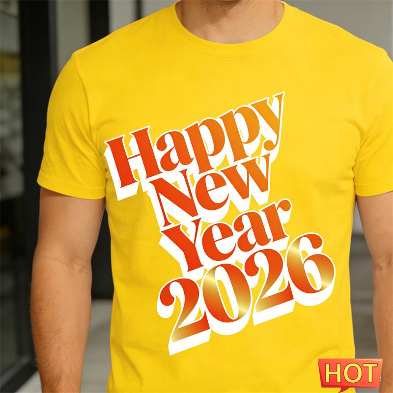Simple Happy New Year 2026 Letters T Shirts For Men Fashion Crew Neck 3D Printed Short Sleeve Tshirts Loose Streetwear Tees