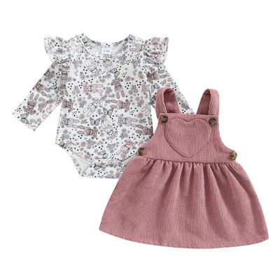 Baby Girls Dress Set 3M 6M 9M 12M 12M 18M Long Sleeve Rabbit Flower Print Romper + Heart Patchwork Suspender Dress