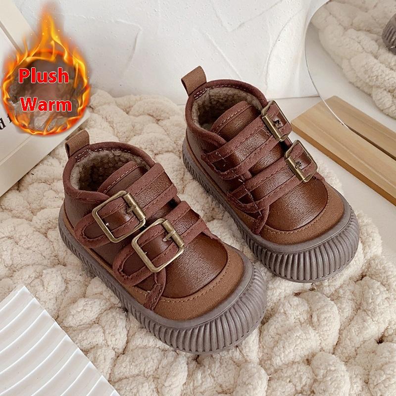 Winter Mid-cut Cotton Shoes for Children, Plus Velvet Soft-soled Casual Shoes for Boys and Girls, Velcro Cotton Shoes