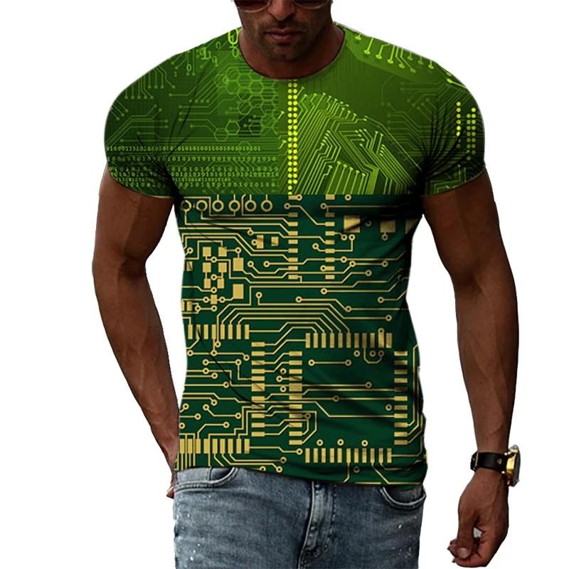 Summer Round Neck 3D Circuit Board Print T-shirts Fashionable Casual Short Sleeved Men's T-shirts