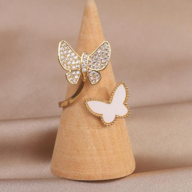 Fashion Jewelry 14K Real Gold Plating Double Butterfly Acrylic Zircon Ring Elegant Women's Daily Opening Adjustable Ring