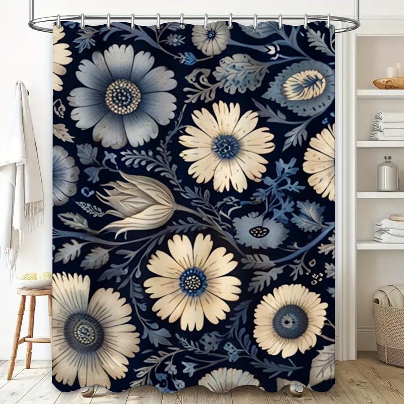 Vintage Blue Bath Shower Curtain Floral Print Home Decor Waterproof Custom Size 3D Decoration Bathroom Wall Hanging