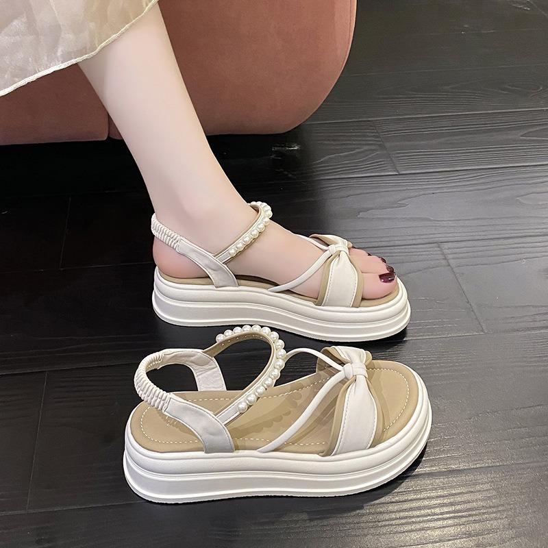 Flat-soled sandals women's summer new pearl casual trendy with one-word belt beach shoes children