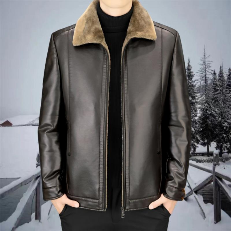 Leather Jacket for Men's Autumn and Winter, Leather Jacket for Short Winter Cotton Jacket, Plush and Thickened for Father's Winter Clothing