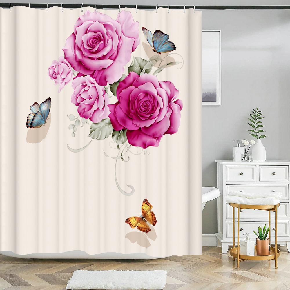 Beautiful Flowers Shower Curtains Floral Printed 3D Curtain For Bathroom Polyester Fabric Waterproof Bathroom Curtain with Hooks