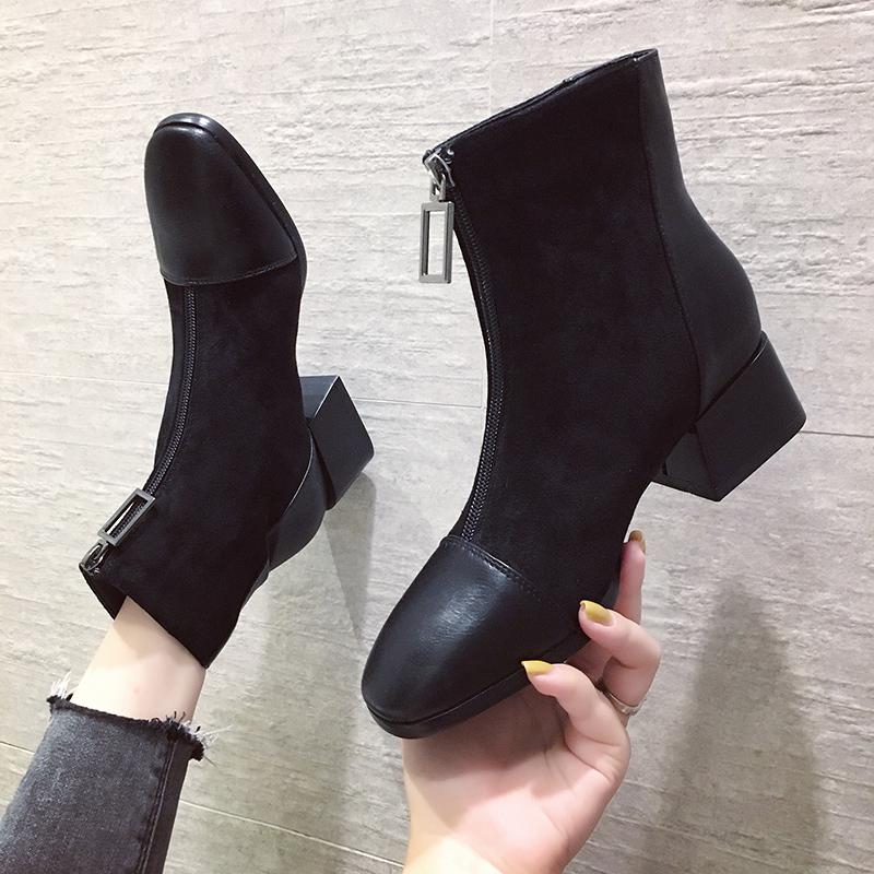 Women's Fashion Mid Boots Fashionable Boots with Front Zipper Thick Heel Suede Midsole Boots Leather Shoes Women's Shoes 35-40