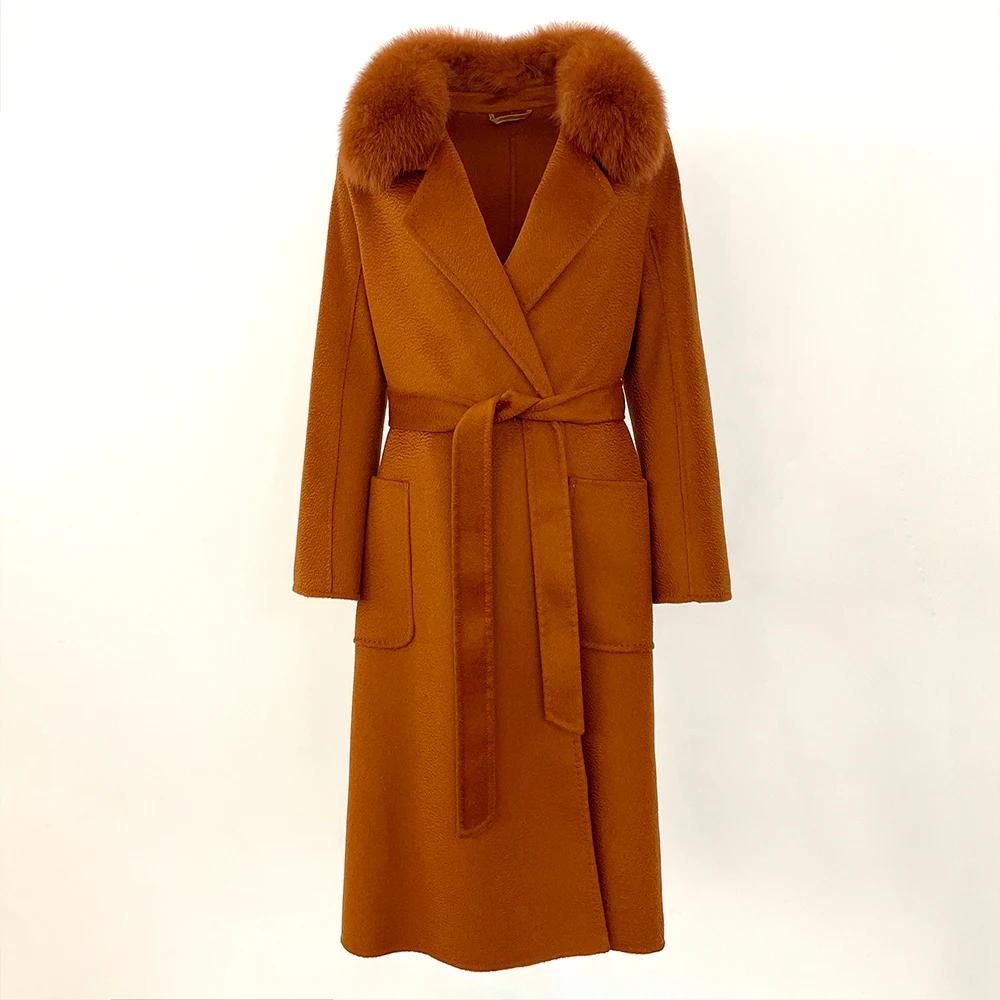OFTBUY 2024 Autumn Winter Real Fox Fur Collar Water Ripple Double-Sided Woolen Coat Women Long Coat 100% Wool Removable Fur Collar