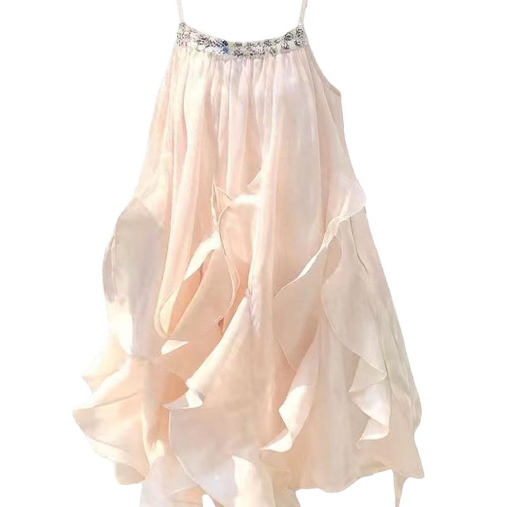 Summer irregular ruffle edge loose a word short skirt seaside vacation wind suspender design girls small skirt