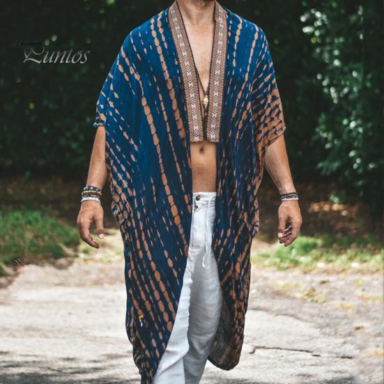 Men Beach Coat Retro Style Mid-Length Loose Fit Printing Sun Protection Jacket Open Front Long Outwear