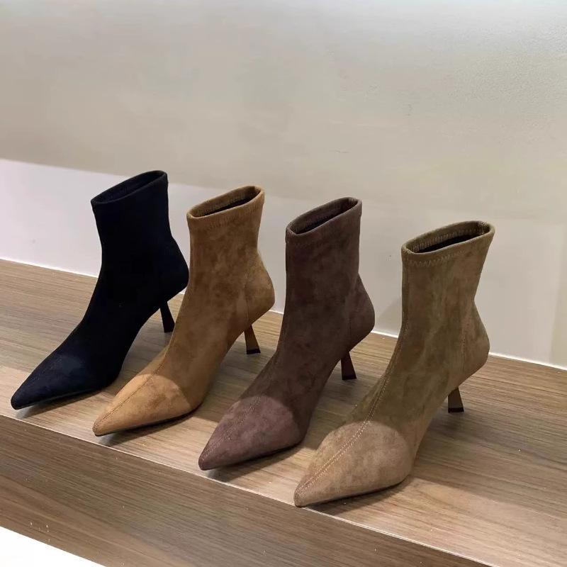 Korean small naked boots 2025 autumn and winter new single boots high heel pointed suede khaki thin boots short boots women's shoes