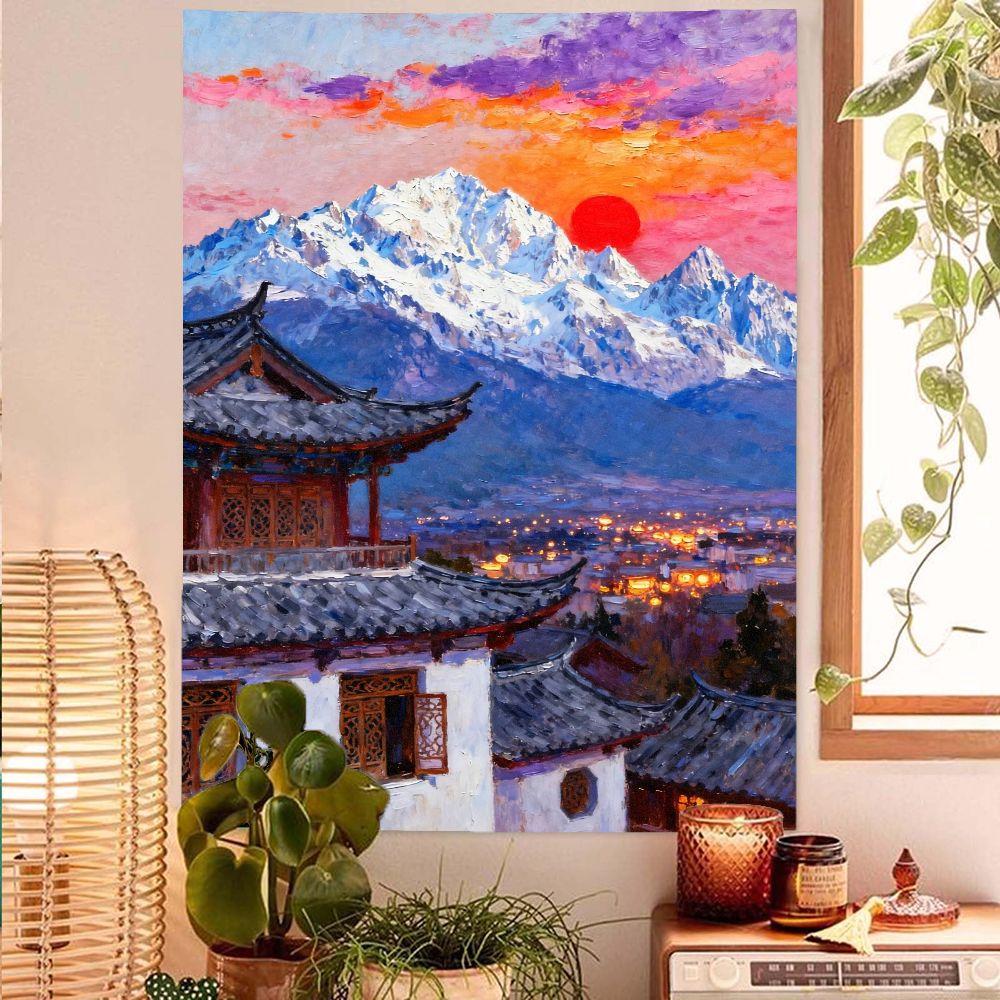 Starry Night Wheat Field Tapestry Oil Painting Landscape Wall Hanging for Bedroom Living Room Home Decor 100X70CM