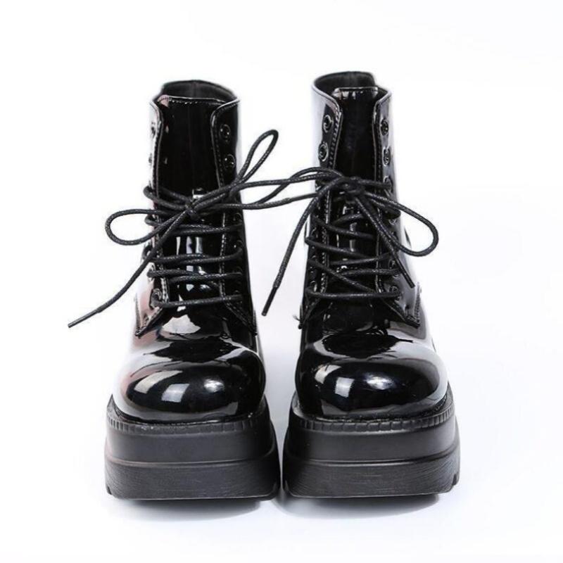 Women Boots High Topthick Sole Winter Slope Heel Lace Up Ankle Boots Women Shoes Bright Black Light Bling Black Chaussure Femme