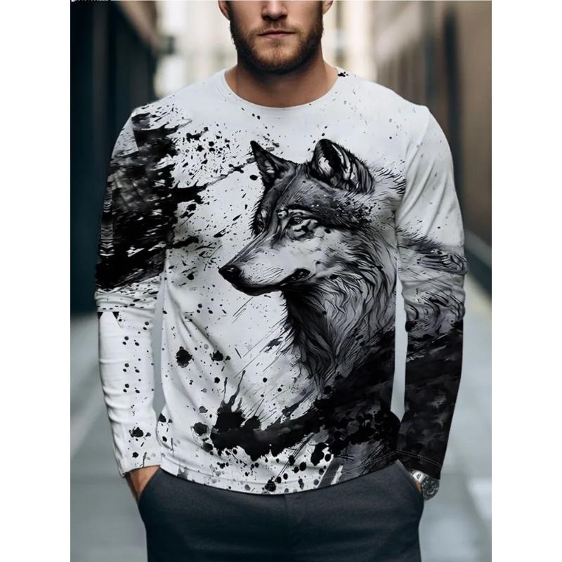 Herren Herbst und Winter 3D Tiger Wolf Print Rundhals Langarm T-Shirt