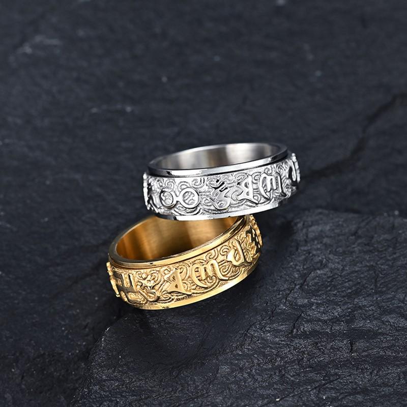 8mm Stainless Steel Tibetan Buddhist Mantra Sanskrit Spinner Ring for Men Women Size 6-12