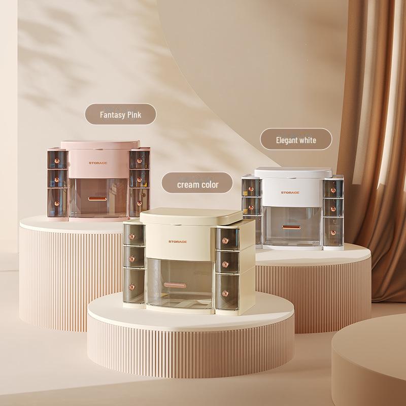 Beleuchtete 3-Farben Kosmetik-Aufbewahrungsbox mit Spiegel, Staubdichte Desktop-Schublade für Hautpflege