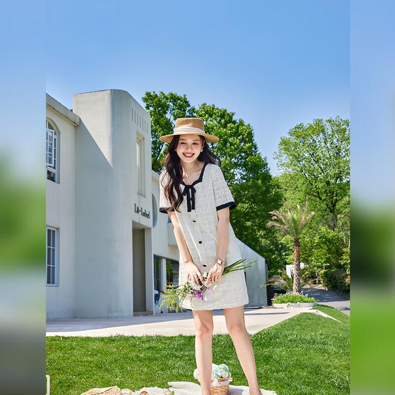 VICTORIA&VERA Summer Chic Square Neck Lace Bow Short Sleeve Mini Dress