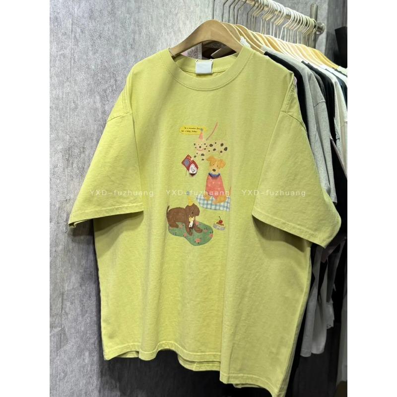 Women's Pink T-Shirt Casual Crew Neck Short-Sleeve Cartoon Dog Print Loose Fit Top