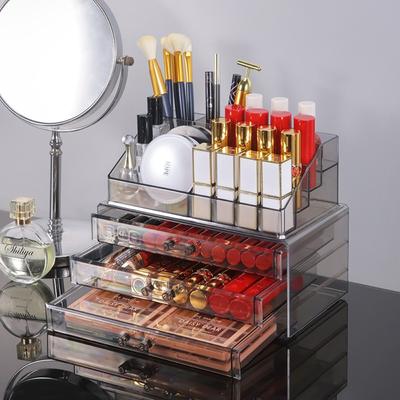 Boîte de rangement transparente à tiroir, épaisse et empilable, avec poignée, pour produits de soins de la peau, pour la maison, les cosmétiques, la coiffeuse