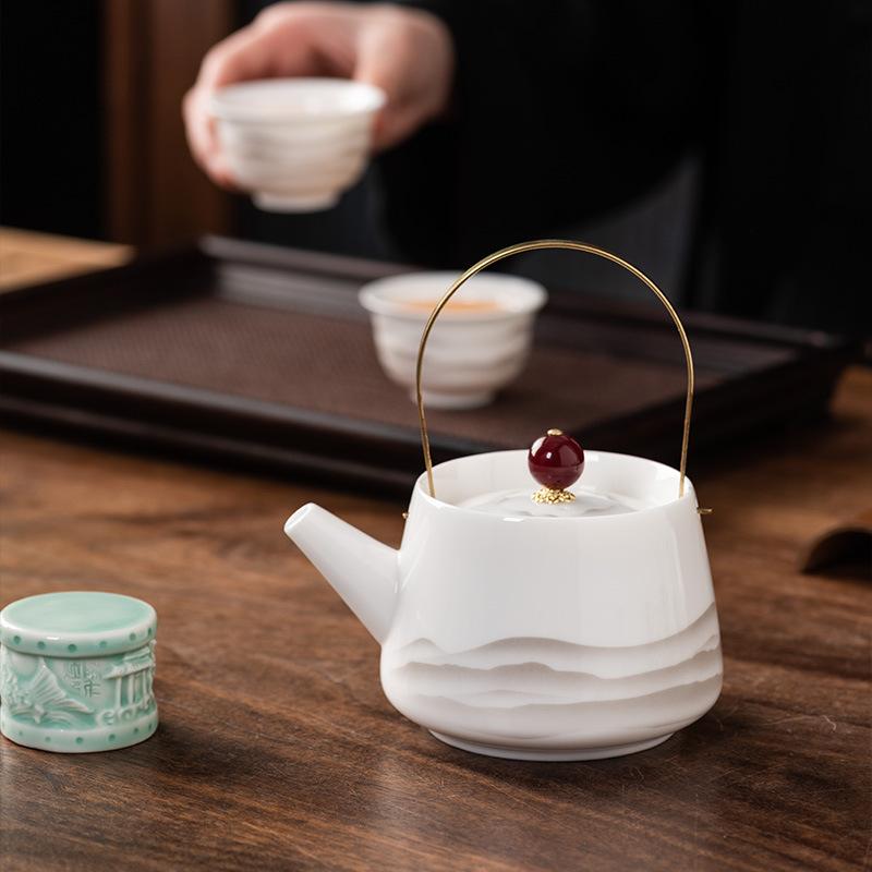 Beam Pot One Pot and Two Cups Suet Jade Porcelain Light Luxury Kung Fu Tea Set Kuaike Cup High-end Brocade Box Gift Box