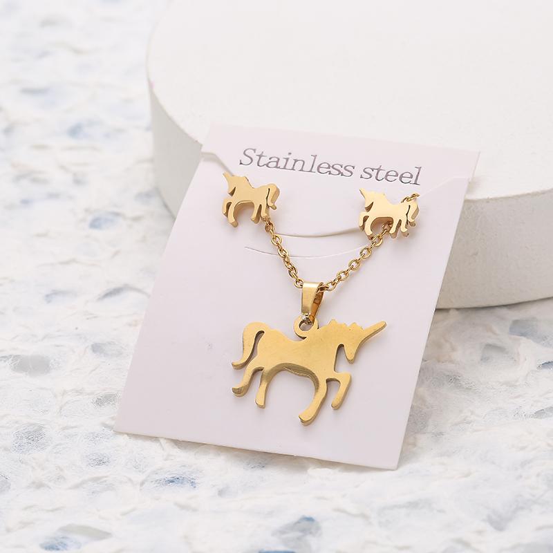 New Animal Flower Butterfly Stainless Steel Pendant Necklace Sets For Women Gold Color Chain Necklace Earrings Zircon Gifts