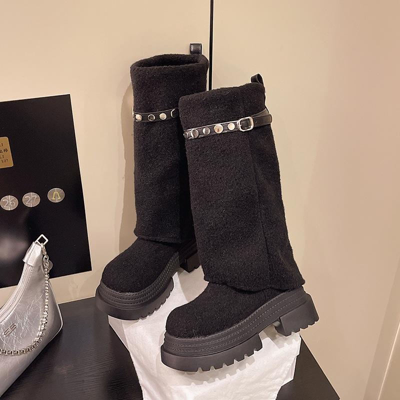 Long boots but knee knight tall round head flat bottom matte 2025 new autumn super fire pile boots